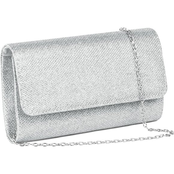 Shiny Silver Clutch Purse Evening Shoulder Bag for Women Wedding & Party Use - Picture 1 of 9